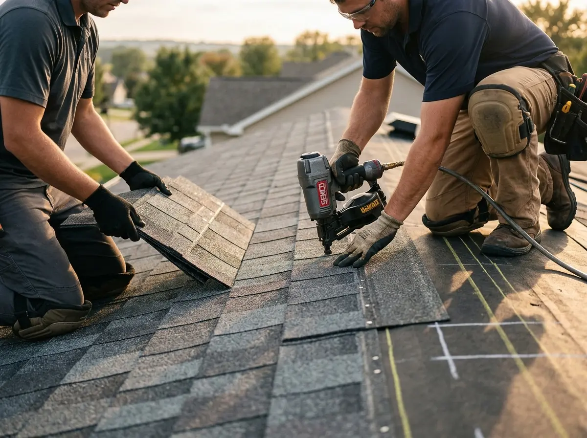 Professional roofer working on a residential roof in Granite City